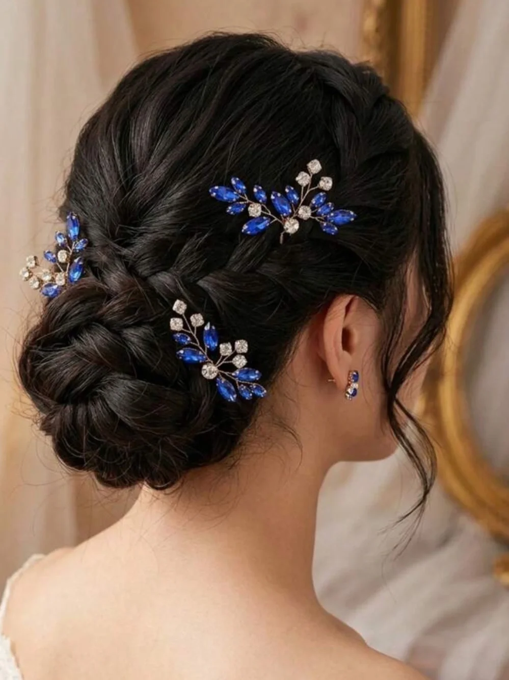 Bridal Gold and Blue Crystal Hair Pins - Elegant Wedding Hair Accessories